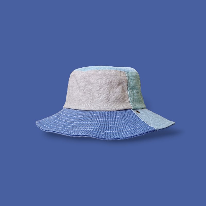 限量 渔夫帽 遮阳帽 户外 拼接 蓝 小牛村 - 帽子 - 棉．麻 蓝色