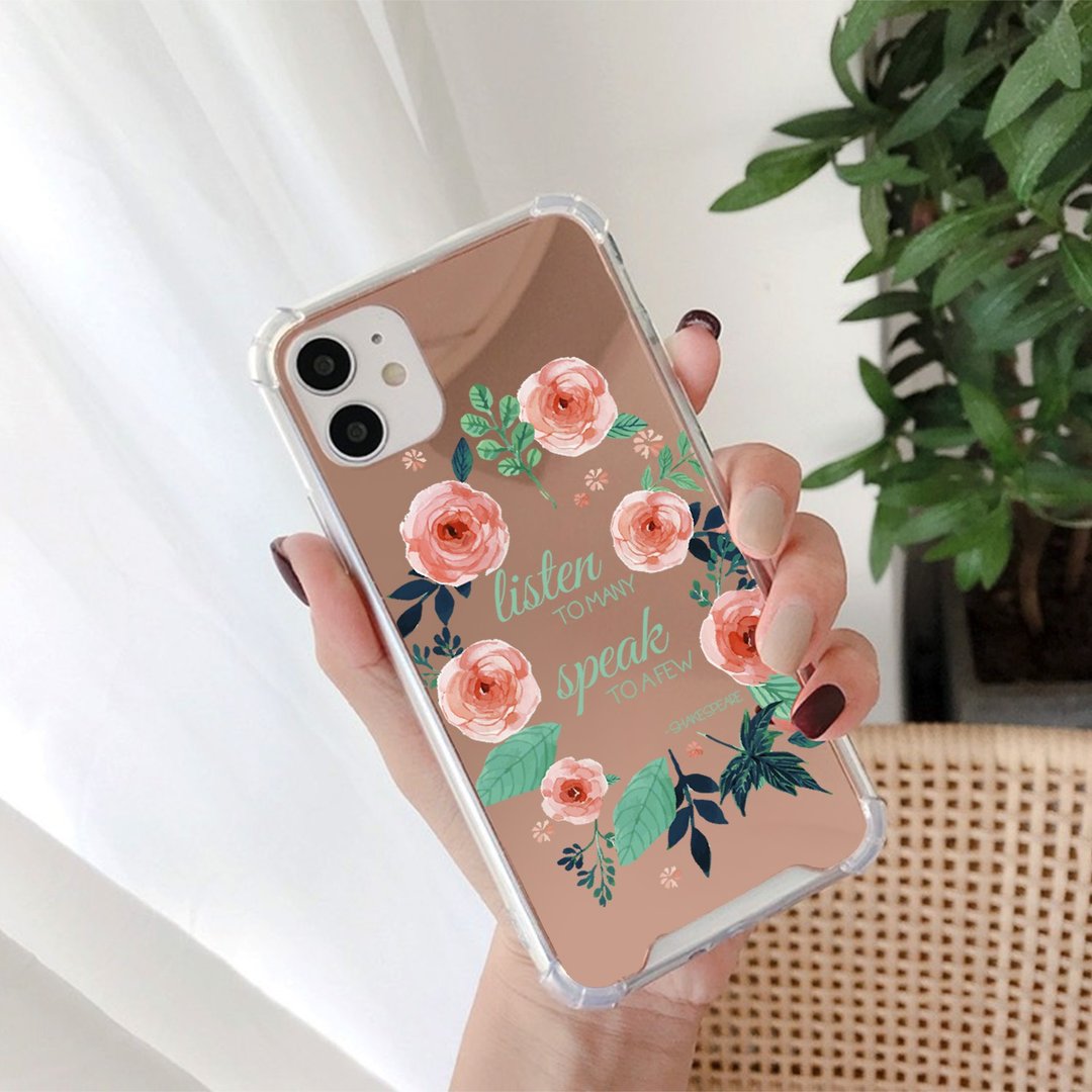 玫瑰花图案金属玫瑰金色电镀镜面手机殻  iPhone 13 14 Pro Max - 手机壳/手机套 - 塑料 金色