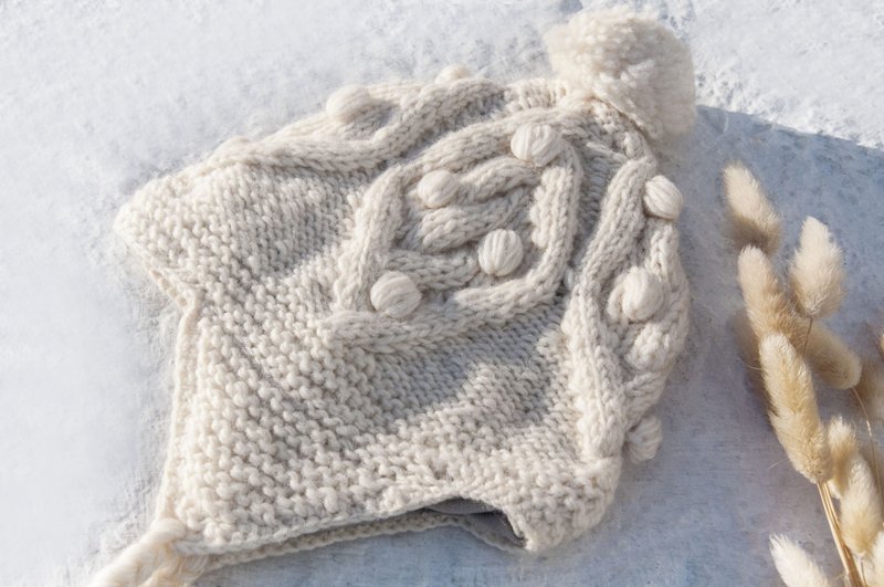 针织纯羊毛帽/手工内刷毛毛帽/针织毛帽/飞行毛帽/毛线帽-雪花球 - 帽子 - 羊毛 白色