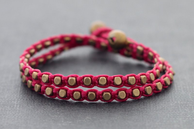Wrap Brass Beaded Bracelets, Shocking Pink Cord Woven Braided Bracelets, Men And Women Unisex Minimal Bracelets - 手链/手环 - 其他金属 粉红色