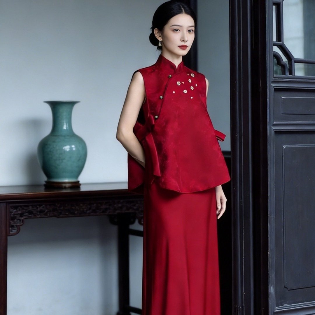 新中式紅色旗袍 背心裙子套裝 新娘訂婚結婚禮服 結婚便裝 - 旗袍 - 其他人造纤维 红色