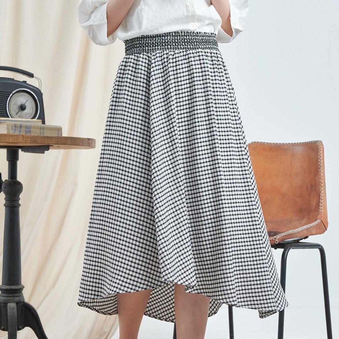 Hana Mokuba 松紧绳股绣工艺垂坠飘逸黑白格纹半身裙 - 裙子 - 其他材质 