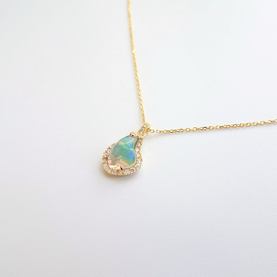 限量现货 - 天然游彩蛋白石 镶钻 纯 14K 金项链 36/41 cm 可调整 - 项链 - 宝石 绿色
