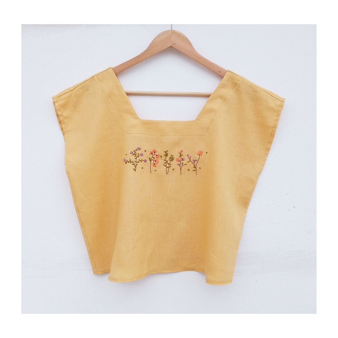 square neck blouse yellow - 女装上衣 - 棉．麻 黄色
