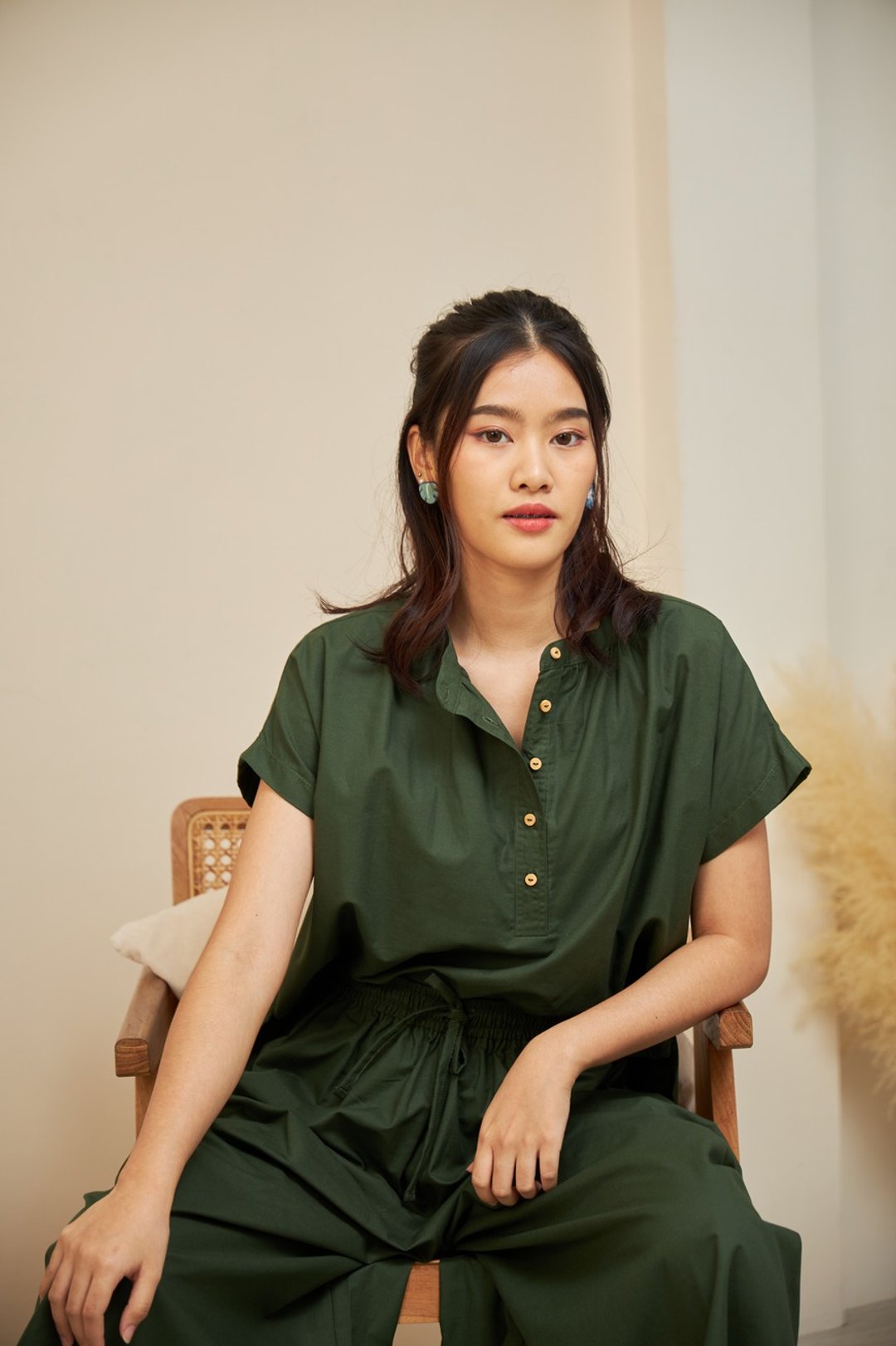 半袖侧开棉质上衣 - KATHI : 绿色 - 女装衬衫 - 棉 绿色