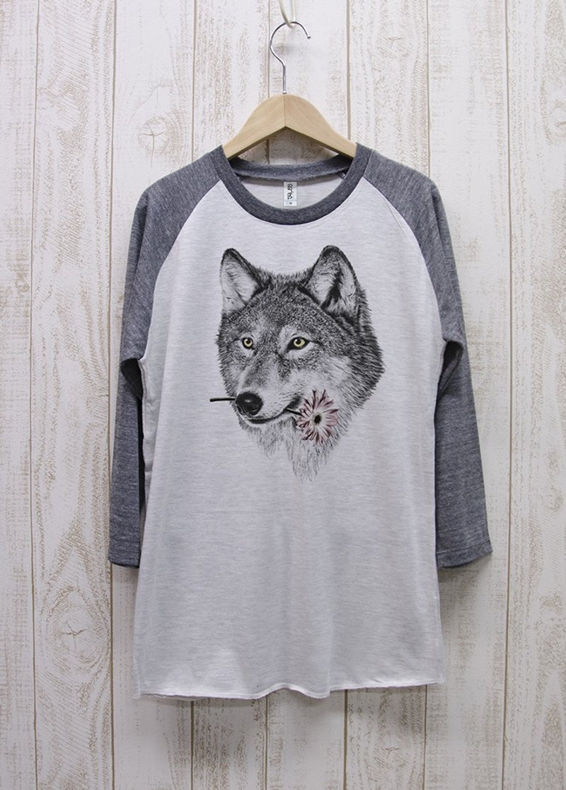 ronronWOLF Tee Lagrang Three-Quarter Sleeves Here you go Heather White x Heather Black / R027-R-HWH - 中性连帽卫衣/T 恤 - 棉．麻 白色