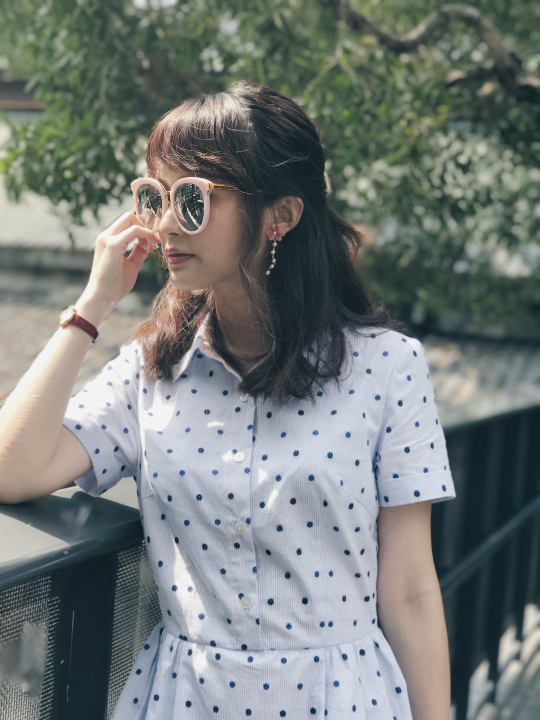 条纹 点点 衬衫洋装 - 洋装/连衣裙 - 棉 