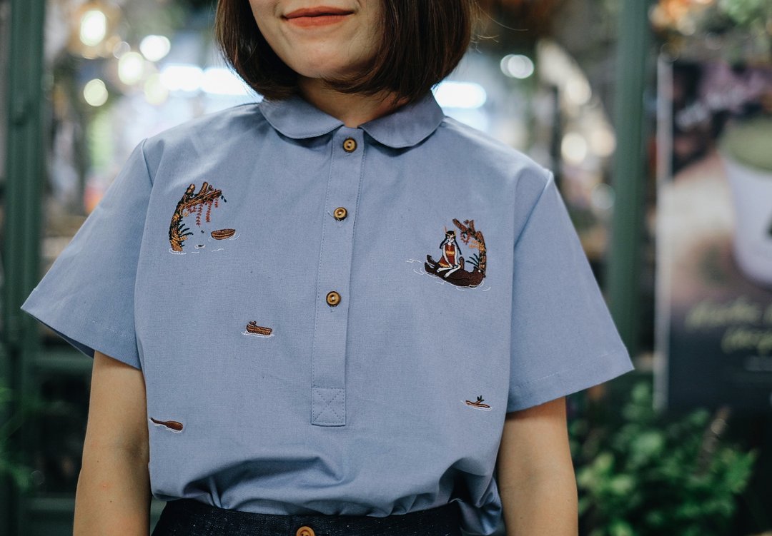 巴鲁熊刺绣 蓝色 Lulu 款棉质圆领衬衫 - 女装衬衫 - 棉 蓝色