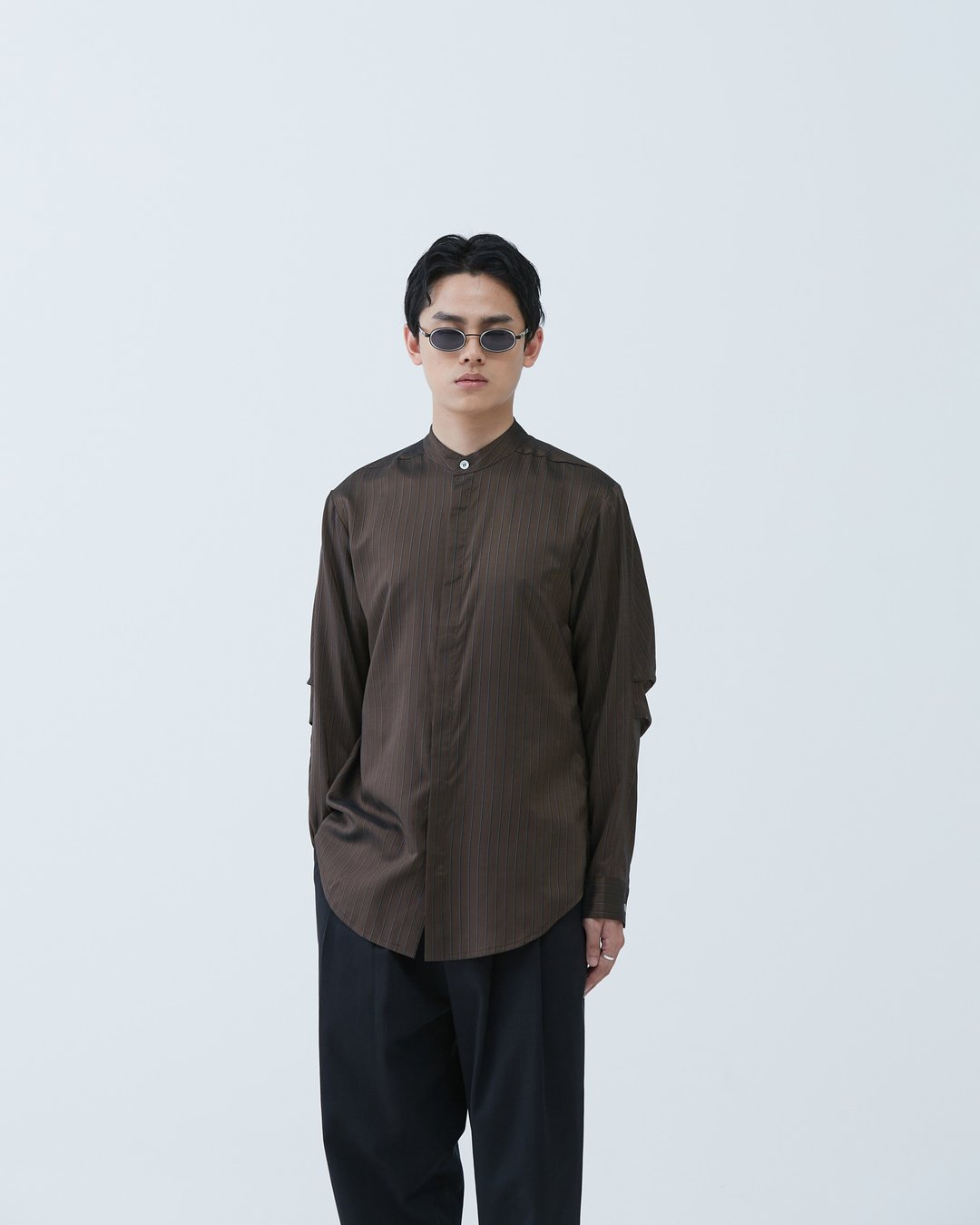 小高领打褶袖衬衫 (咖条纹) Mock Neck Shirt - 男装衬衫 - 棉 咖啡色