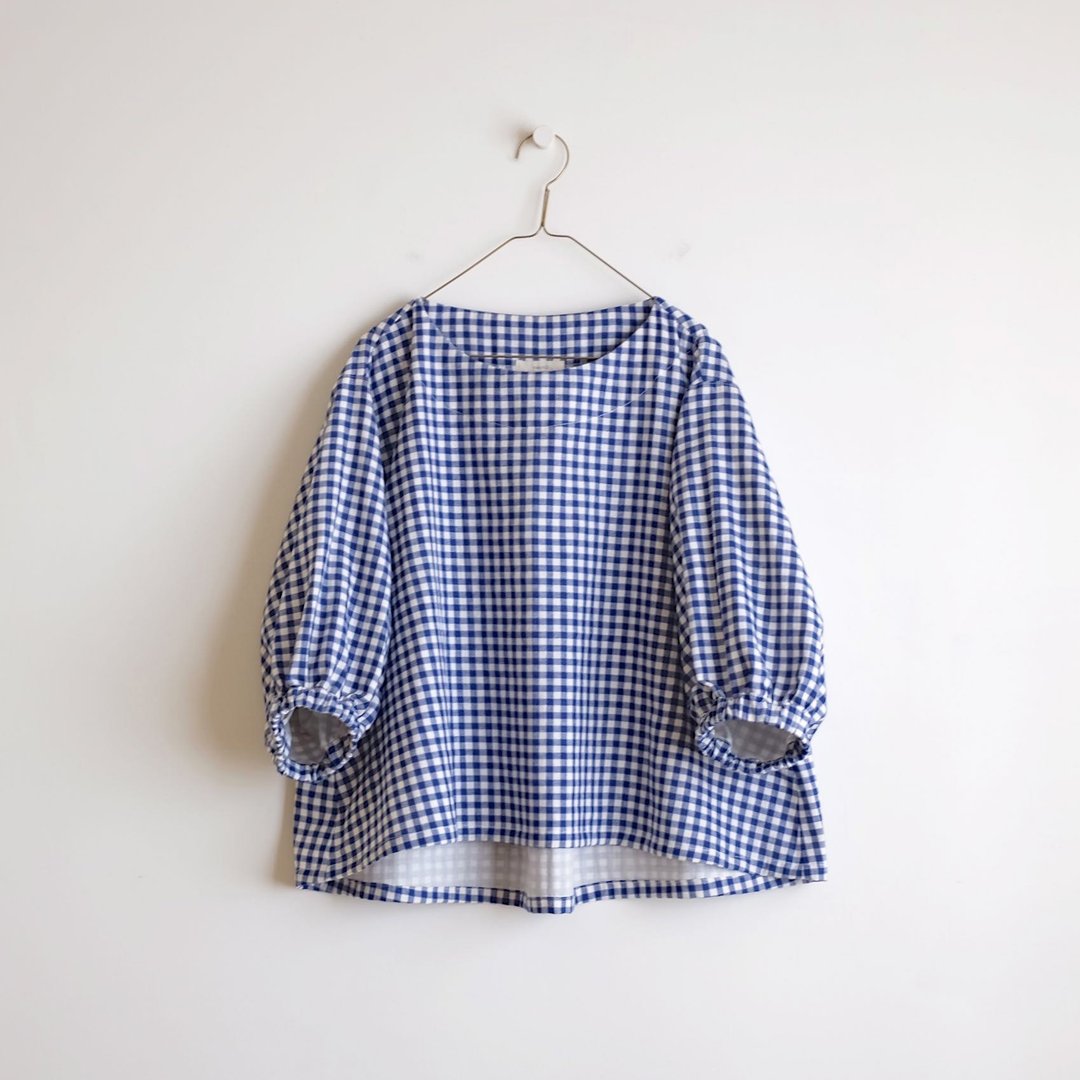 日常手作服 蓝白格纹六分蓬袖宽罩衫 二重棉纱 - 女装上衣 - 棉 多色