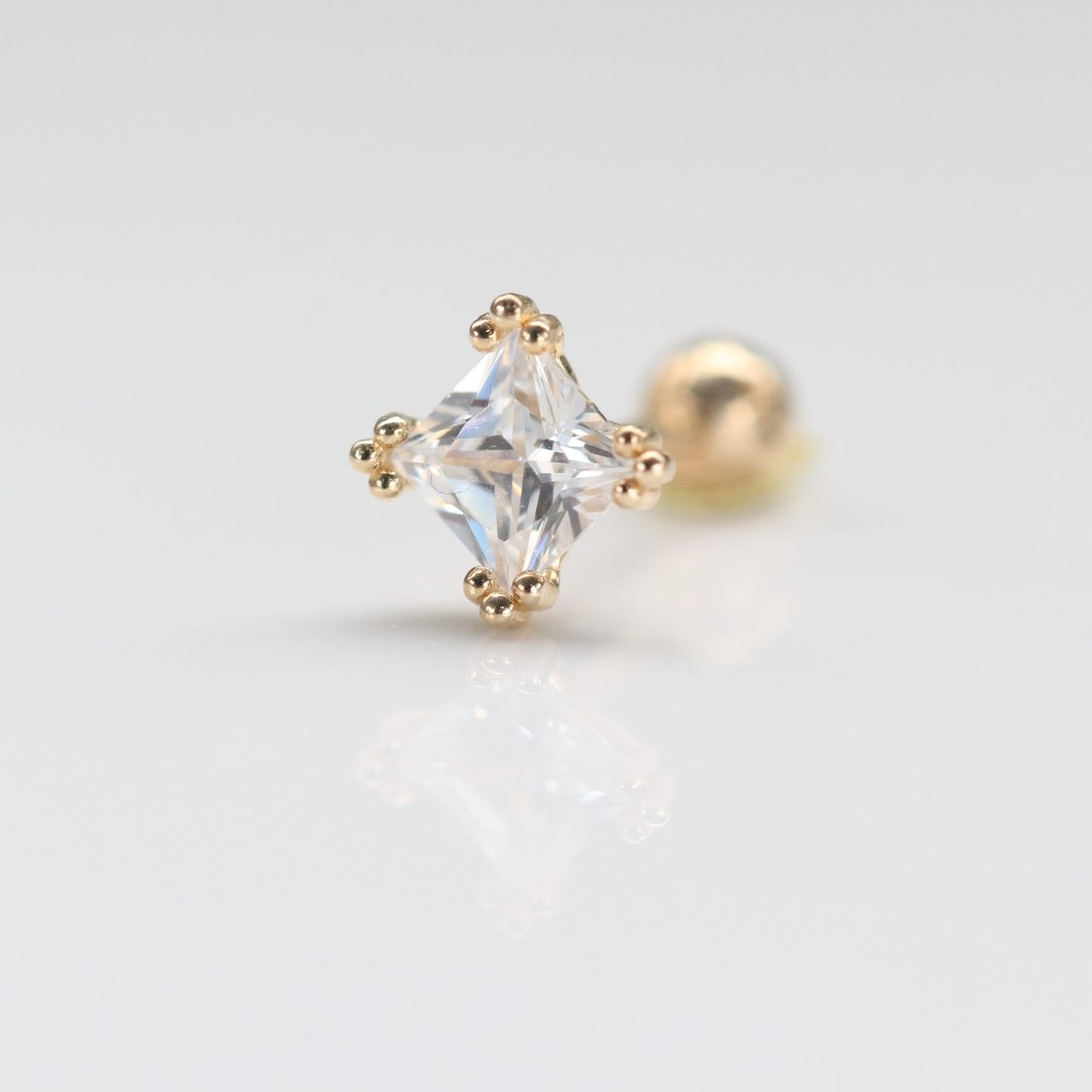 14K 角镶方钻锁珠耳环(单个)耳骨 耳窝 不退色 - 耳环/耳夹 - 贵金属 金色