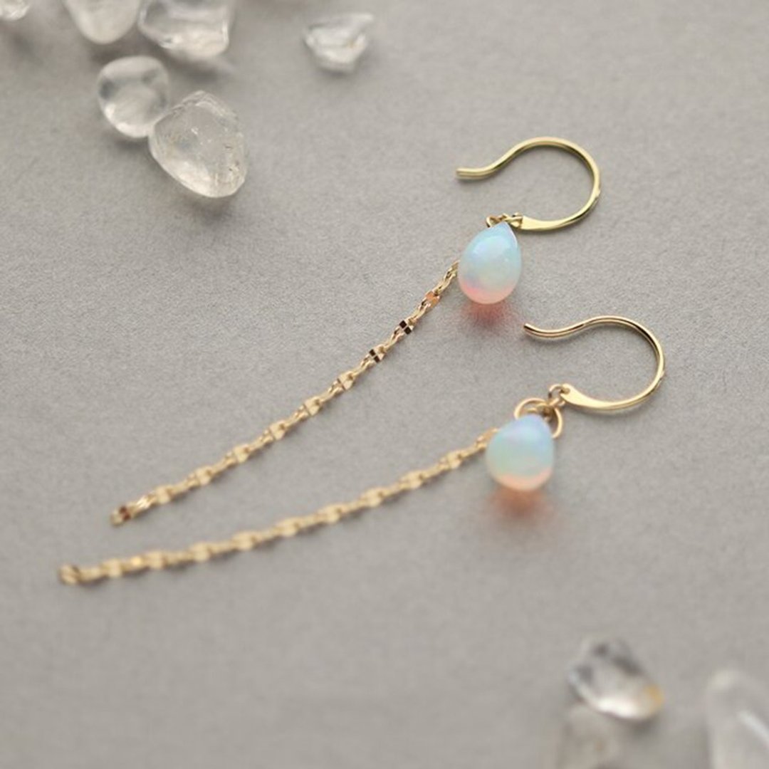 *Limited quantity*October birthstone K18 Large precious opal chain hook earrings ~ ESPOIR NOBLE ~ - 耳环/耳夹 - 宝石 白色