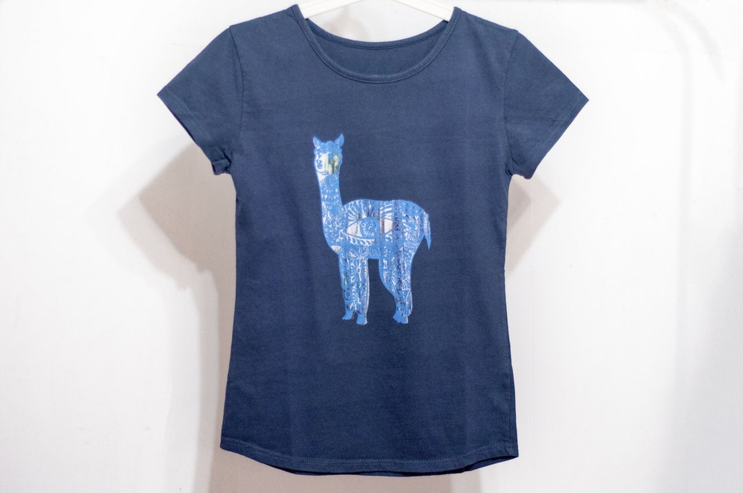 女装 夏装手感上衣 设计感上衣 棉质T-shirt-南美洲插画秘鲁羊驼 - 女装上衣 - 棉 蓝色