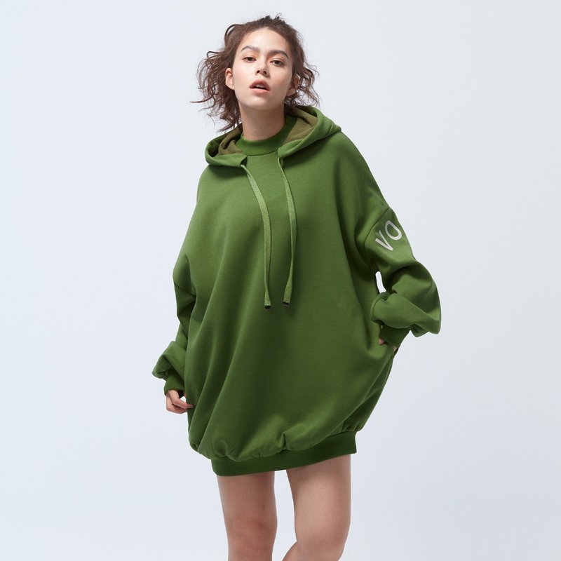 Cozee-抗菌刷毛logo连帽长版上衣-仙人掌绿 - 中性连帽卫衣/T 恤 - 聚酯纤维 绿色