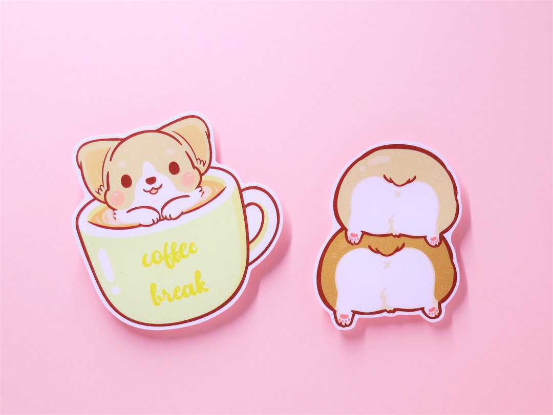 柯基 / Coffee Break / 屁屁叠叠乐 / 闪亮大贴纸 - 贴纸 - 纸 粉红色