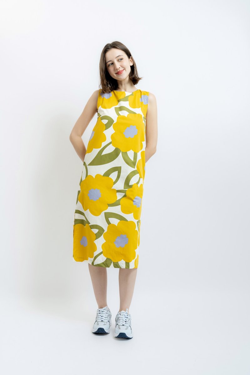 BIRUCHU YELLOW HANA DRESS - 黄色花卉图案无袖连身裙 - 洋装/连衣裙 - 棉．麻 黄色