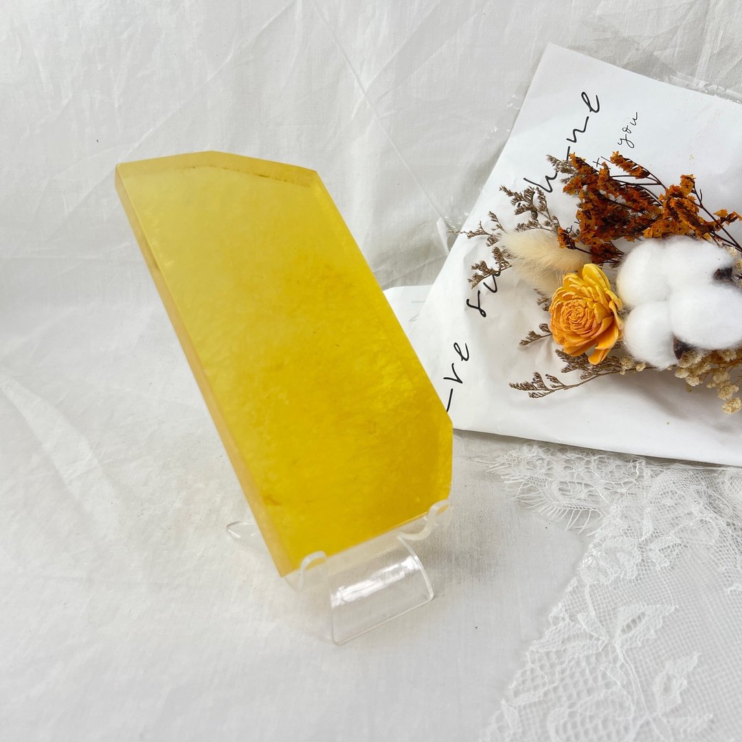 萤石片 银114 菊花纹 萤石 风水 摆件 微透 带彩虹光 - 摆饰 - 半宝石 黄色