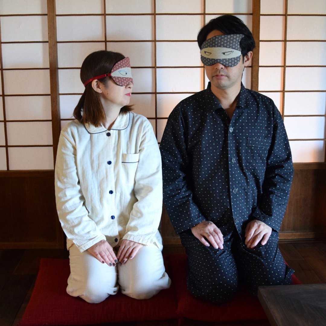 日本眼罩 忍者夫妻 / 麻叶花纹 / 有附收纳袋 /免运 - 眼罩 - 棉 蓝色
