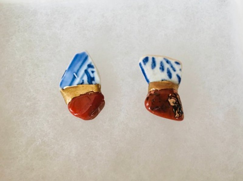 Kintsugi x natural stone earrings (sea pottery, agate Nanban agate) - 耳环/耳夹 - 其他金属 