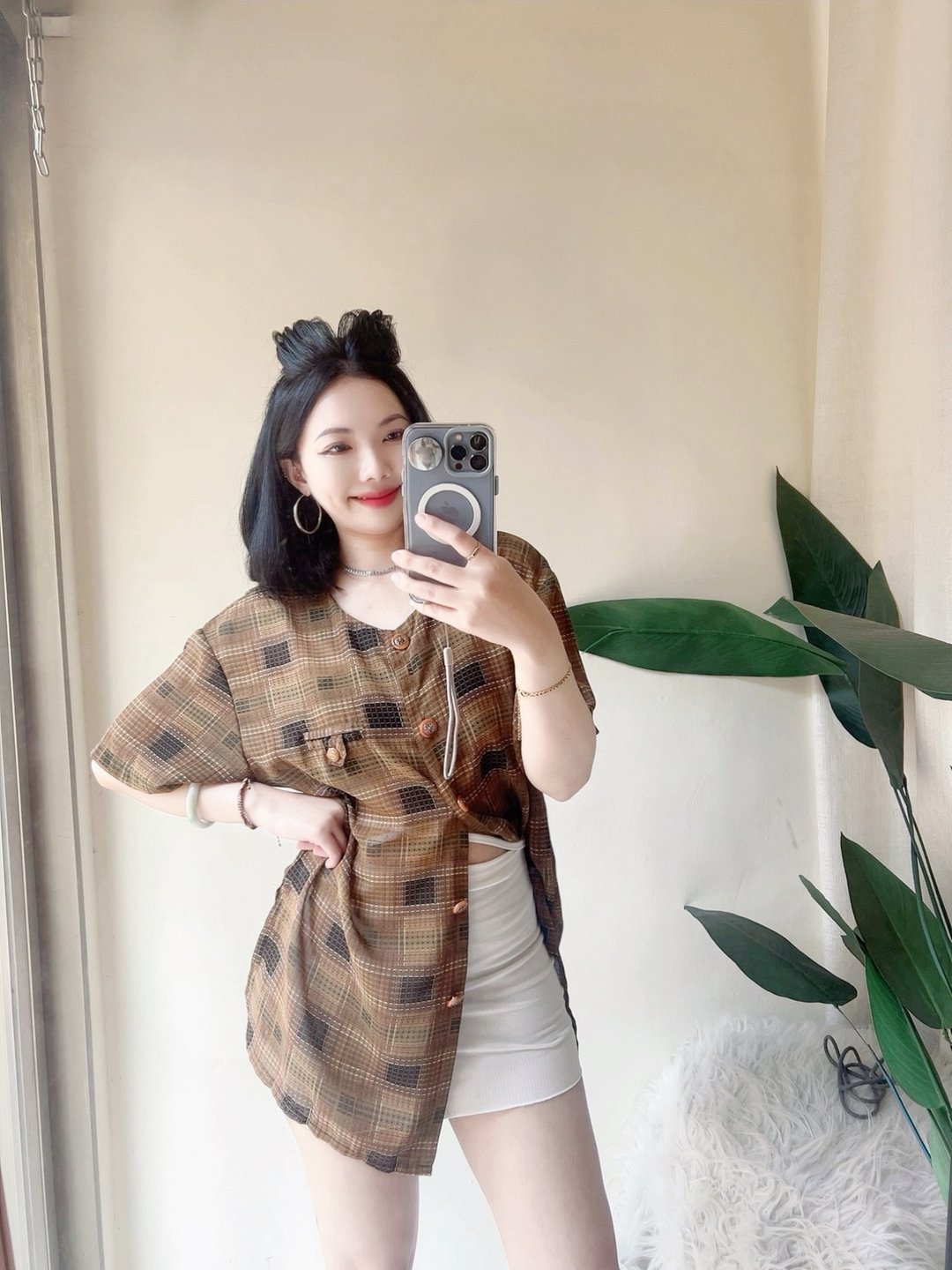 昏黄午后方型格纹青涩恋爱时光 古董透肤纺纱衬衫上衣 vintage - 女装衬衫 - 聚酯纤维 咖啡色