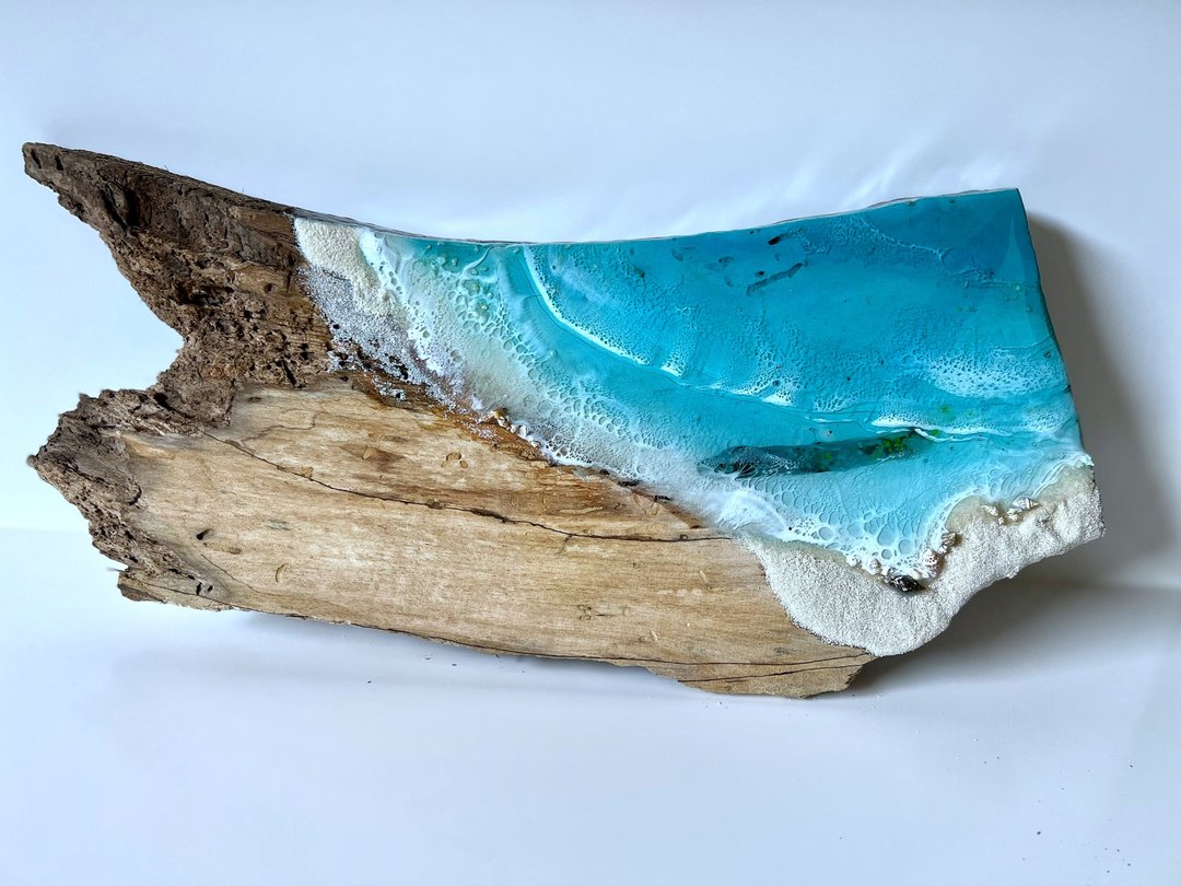 Live edge ocean wall art, 掛畫 ocean wall board, 藍染 resin sea wood slab 客廳 掛畫 - 墙贴/壁贴 - 树脂 蓝色