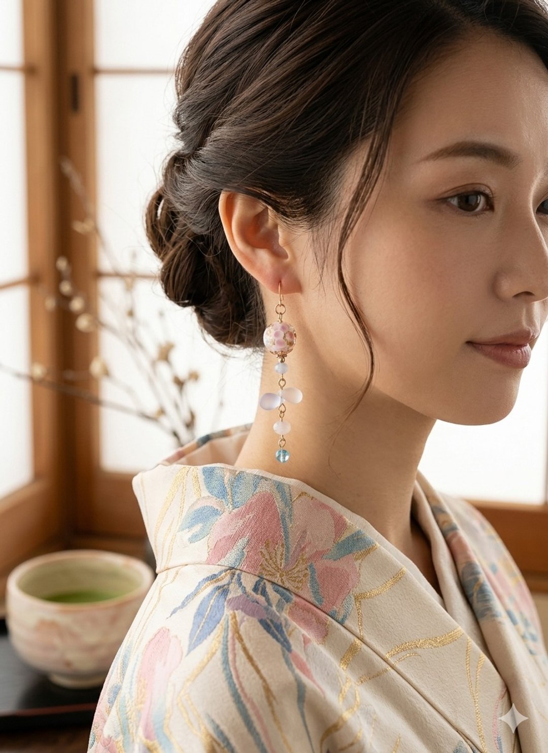 日式风情 蜻蜓珠与泪滴珠的柔和色彩长款耳环 泪滴珠 柔和色彩 可更换为抗过敏耳针或耳夹 - 耳环/耳夹 - 玻璃 多色