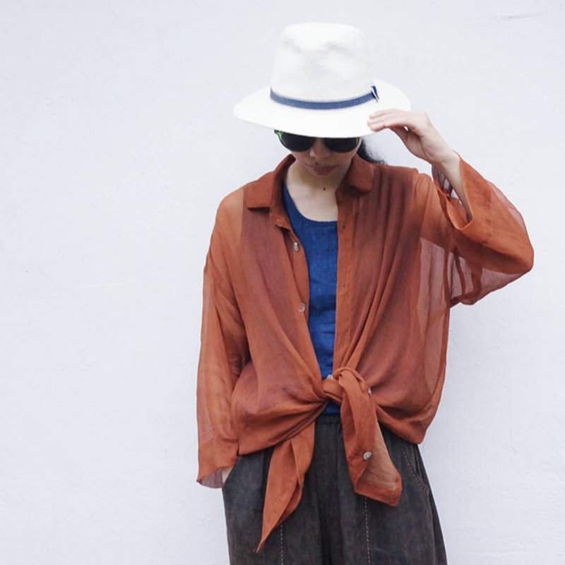 雙面順绉 香雲紗面料 貝殼扣防曬上衣外套 日式野良著 男女中性款 - 女装休闲/机能外套 - 丝．绢 咖啡色