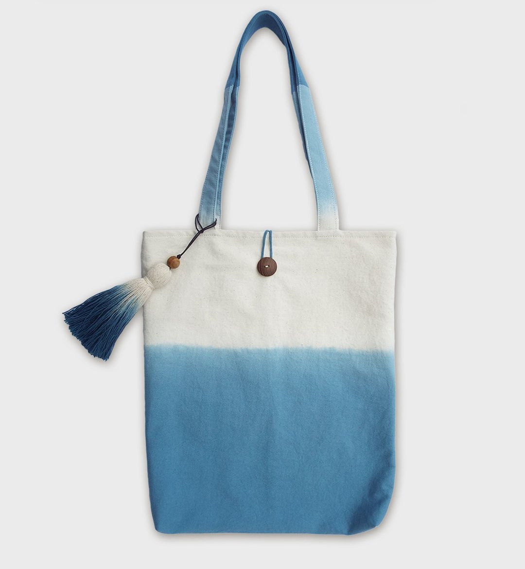 Indigo Tie Dyed Cotton Tote Bag 14 x 16 inches - 公文包/医生包 - 棉 蓝色