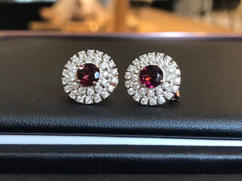 石榴石天然宝石纯银耳钉 - 耳环/耳夹 - 纯银 红色