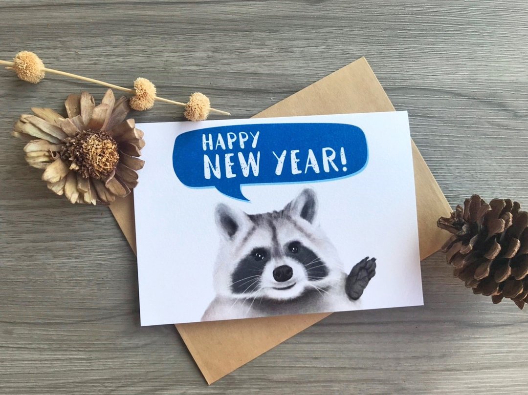 卡片 新年卡 浣熊卡片 对折卡 问候卡 - 卡片/明信片 - 纸 