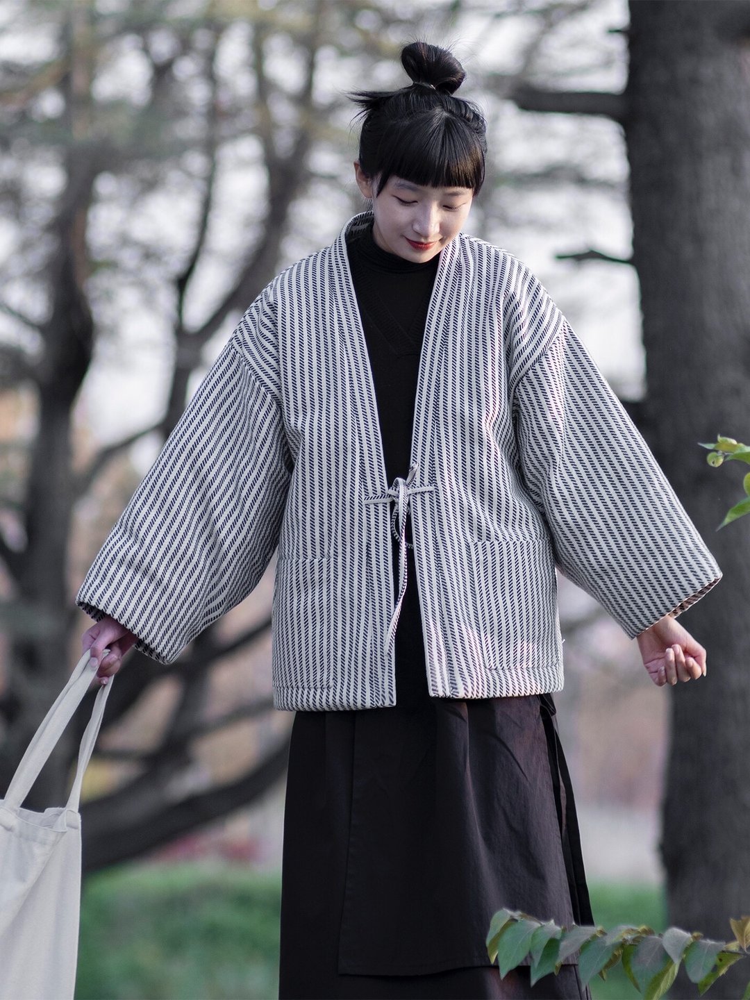 日式和风 条纹棉麻半缠棉衣 - 女装上衣 - 其他材质 黑色