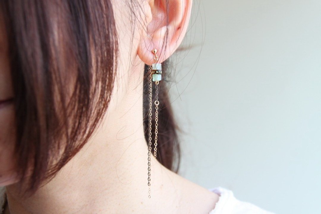 漾Der绿东菱石14KGF耳环/ 14KGF earring - 耳环/耳夹 - 宝石 绿色