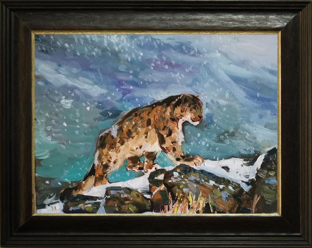 Snow leopard Painting Original Art Canvas Painting Animal Art 手工油畫 - 海报/装饰画/版画 - 其他材质 蓝色