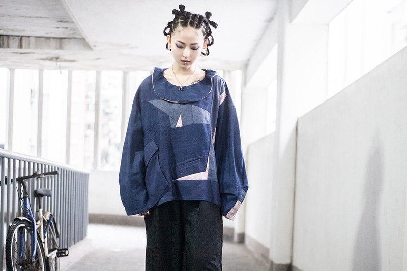 多重拼接单宁牛仔上衣 - 男装上衣/T 恤 - 棉．麻 蓝色