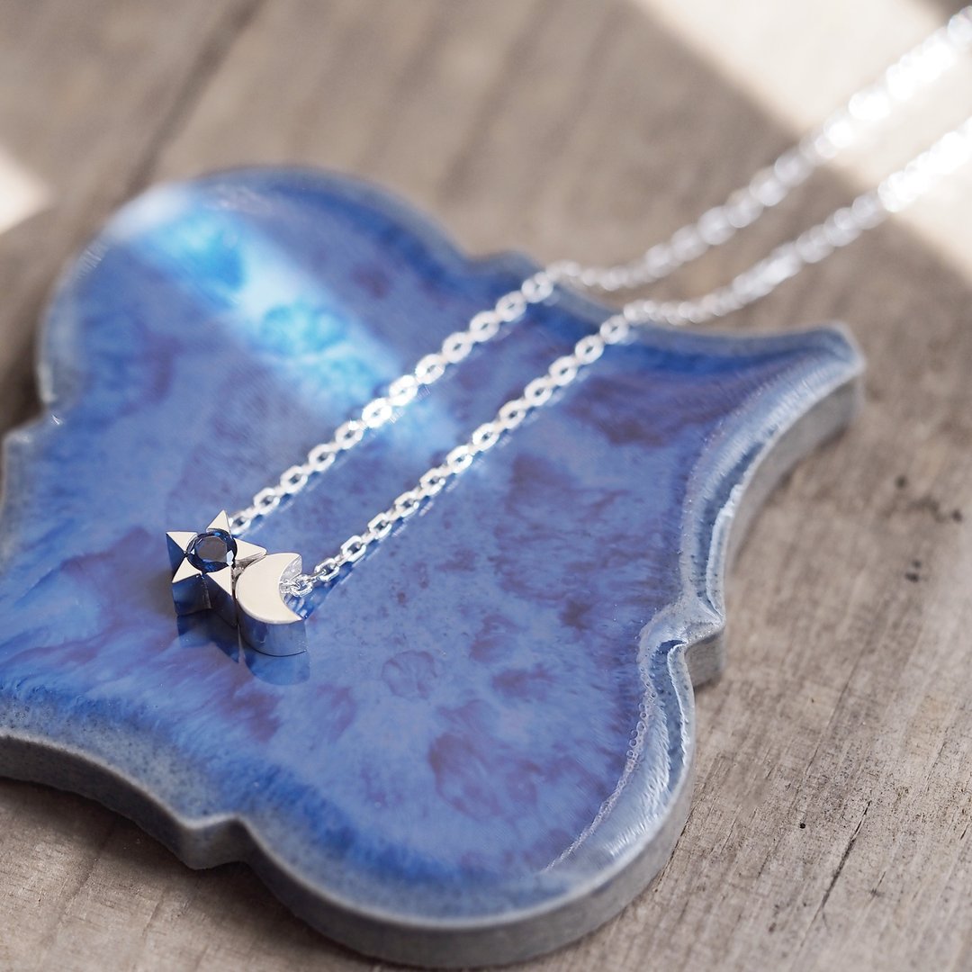 Sapphire Star and Crescent Necklace Silver 925 - 项链 - 其他金属 蓝色