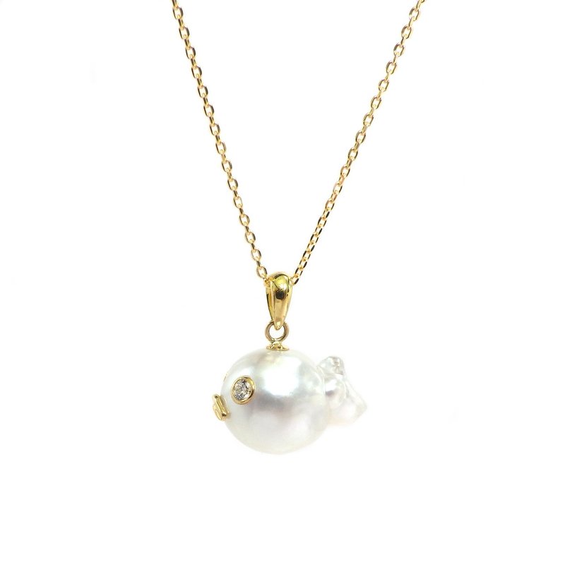 K18 黄金 南洋白蝶珍珠 钻石吊坠顶部 金鱼 KR80112 - 项链 - 珍珠 