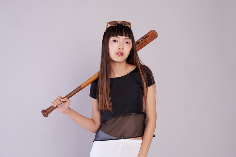 ( SIZE M ) Top Crop with a curved hem tail // Polyester & Organdy - 女装上衣 - 其他材质 黑色