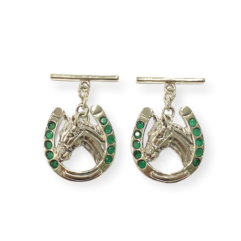 Victorian Style Horseshoe & Emerald Stone 925 Sterling Silver Mens Fathers Gift - 袖扣 - 纯银 银色