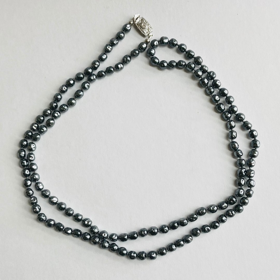 玻璃仿巴洛克珍珠 全珠绳结长项链 / 约 6mm 约 90cm / 枪铁黑 / made in japan - 项链 - 玻璃 黑色