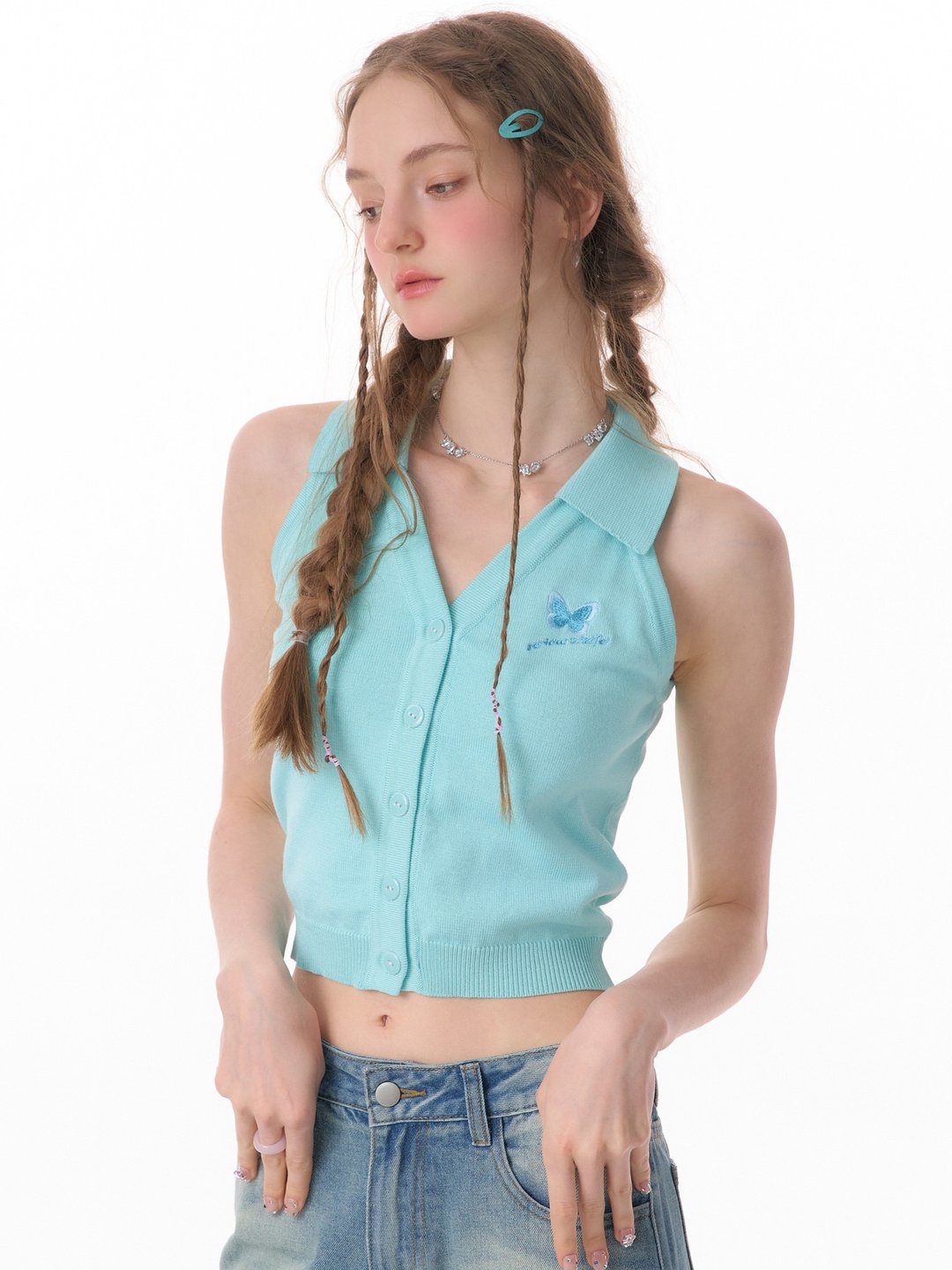 ziziFei夏季新款美式复古蝴蝶刺绣外穿polo领上衣开衫针织背心女 - 女装背心 - 其他材质 