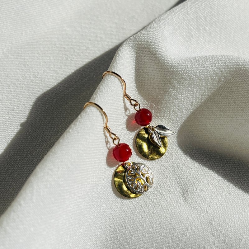 囍(耳环) - 耳环/耳夹 - 纯银 红色