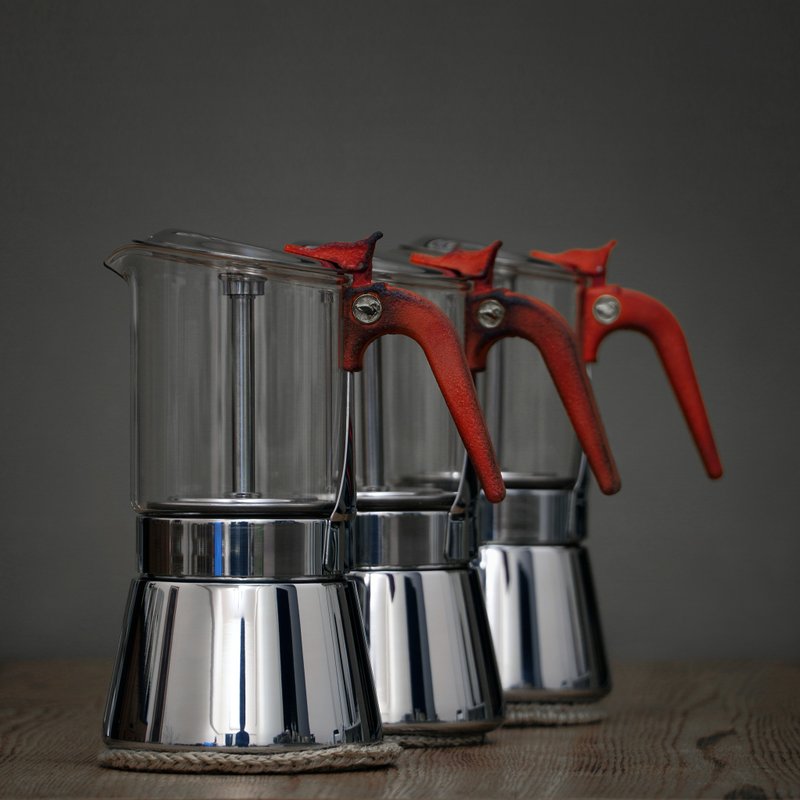 【火红炭烧把手】玻璃摩卡壶 240ml • HOMER GLASS MOKA POT BHE - 咖啡壶/周边 - 不锈钢 红色