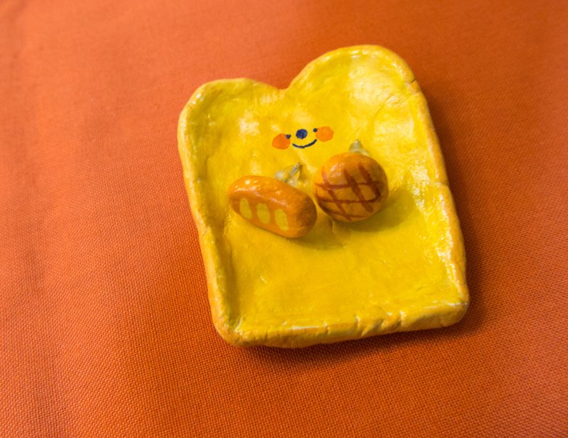 早餐吃面包 耳环盘子组 - 耳环/耳夹 - 粘土 橘色