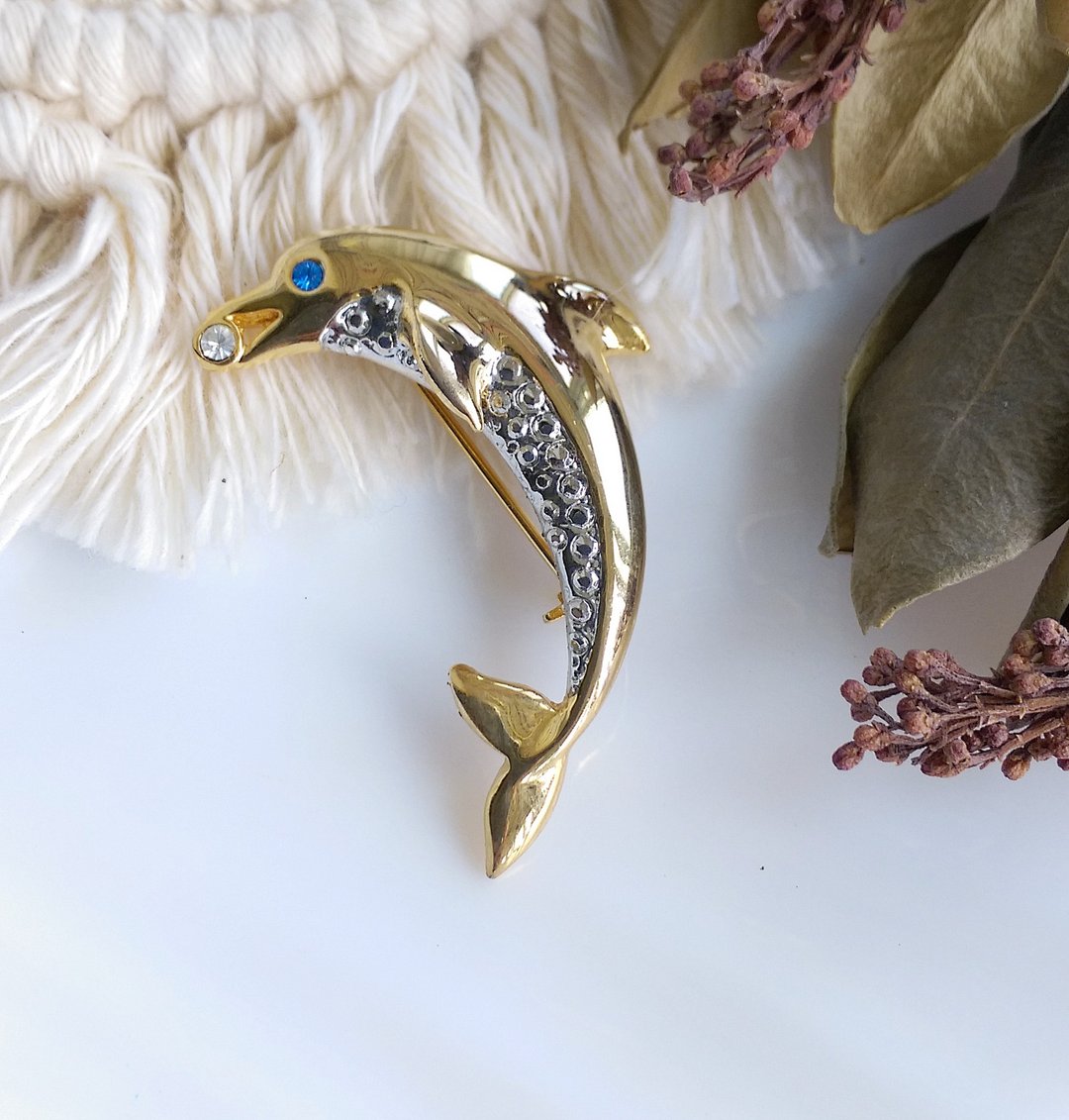 Vintage Jewelry 西洋古董饰品 海豚衔钻 优雅 别针 - 徽章/别针 - 其他金属 金色
