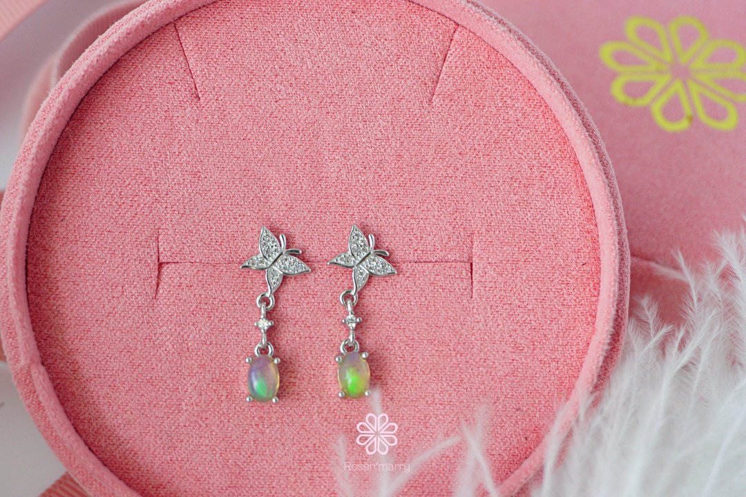 Drop Earrings Natural Opal Silver925, Butterfly earrings - 耳环/耳夹 - 纯银 多色