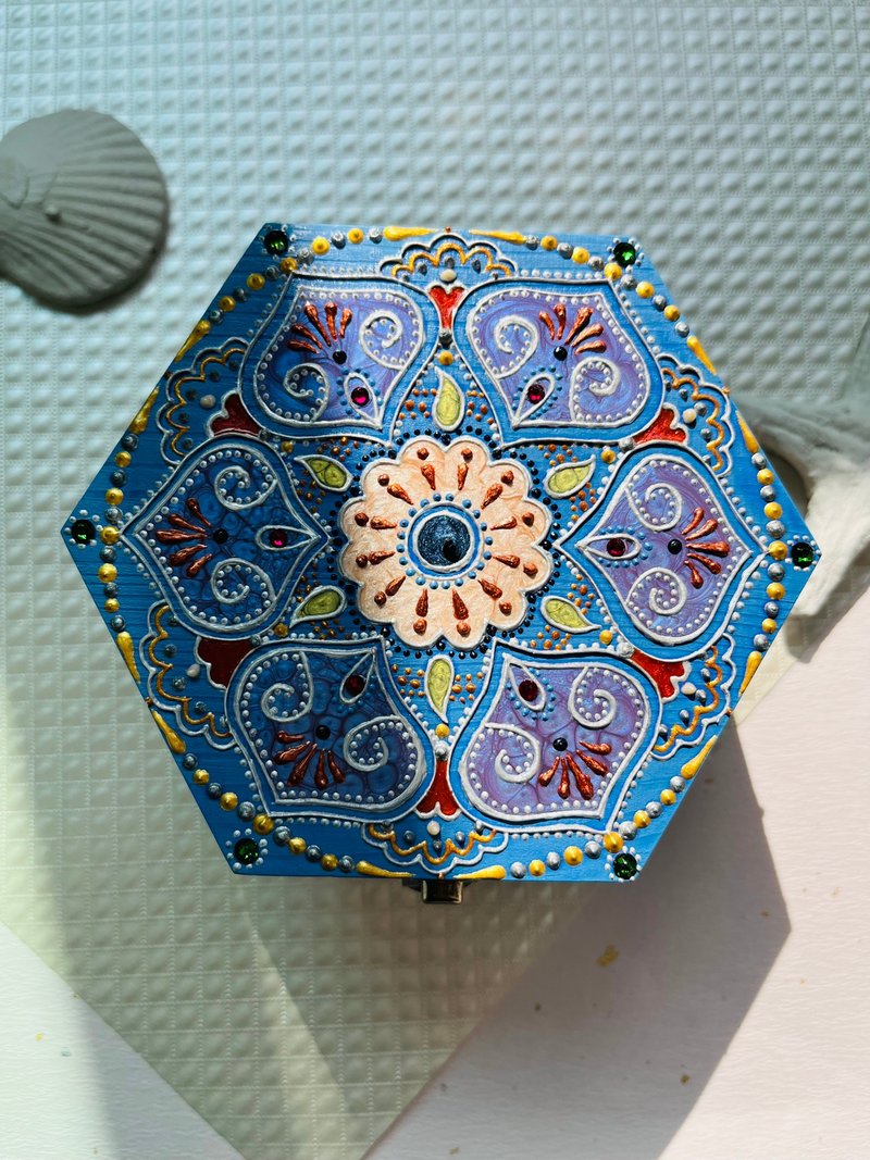六角形手绘雕花朵木盒/HENNA/曼陀罗/民族风 - 摆饰 - 木头 蓝色