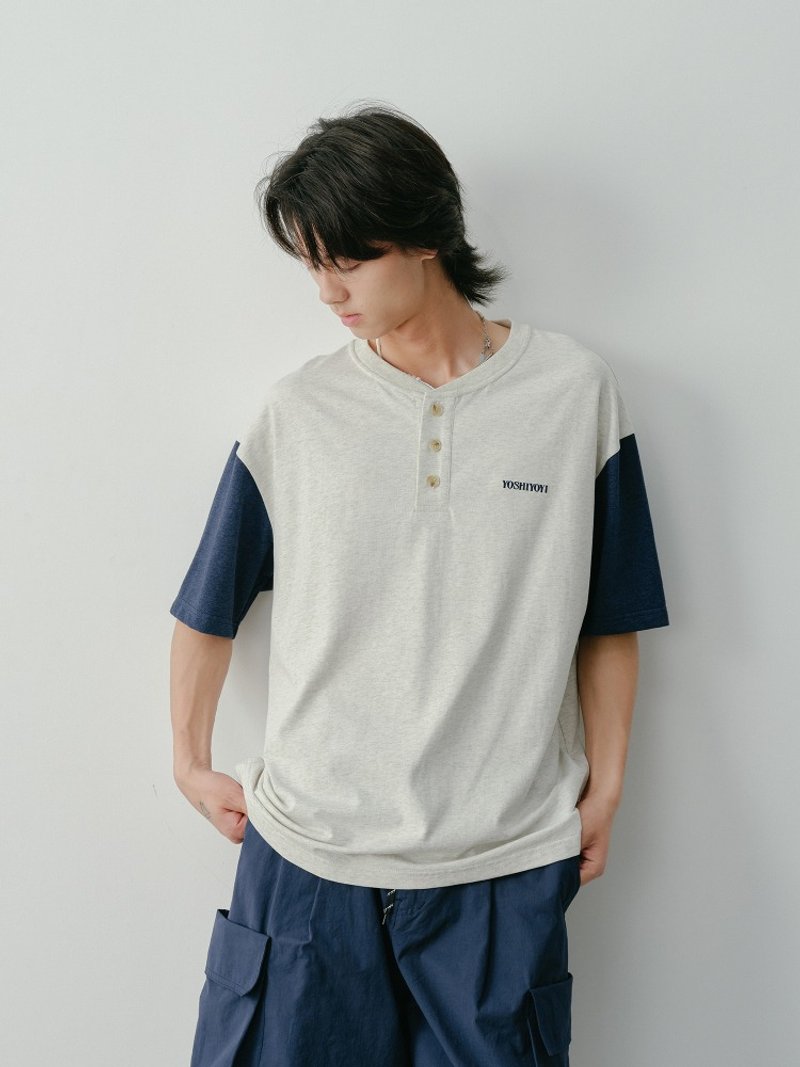 盛夏晚风 复古亨利领短袖T恤 - 男装上衣/T 恤 - 其他材质 