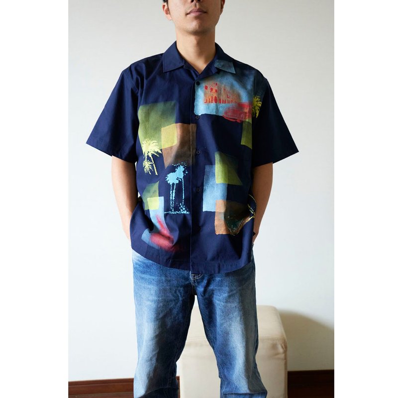 Havana Pattern Navy Open Shirt Pattern Short Sleeve 1003 Unisex - 中性连帽卫衣/T 恤 - 棉．麻 多色