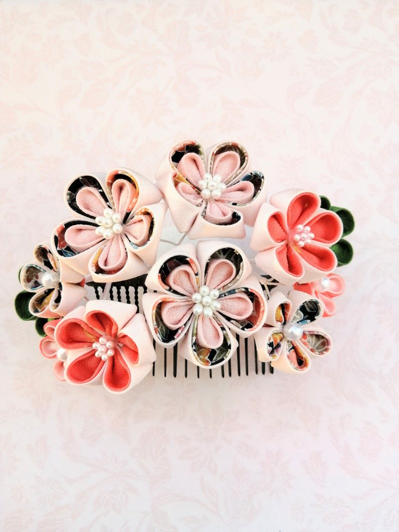 [New] Knob work U-pin hair ornament Comb hair ornament like a bouquet [Peach Bird work] - 发饰 - 丝．绢 橘色