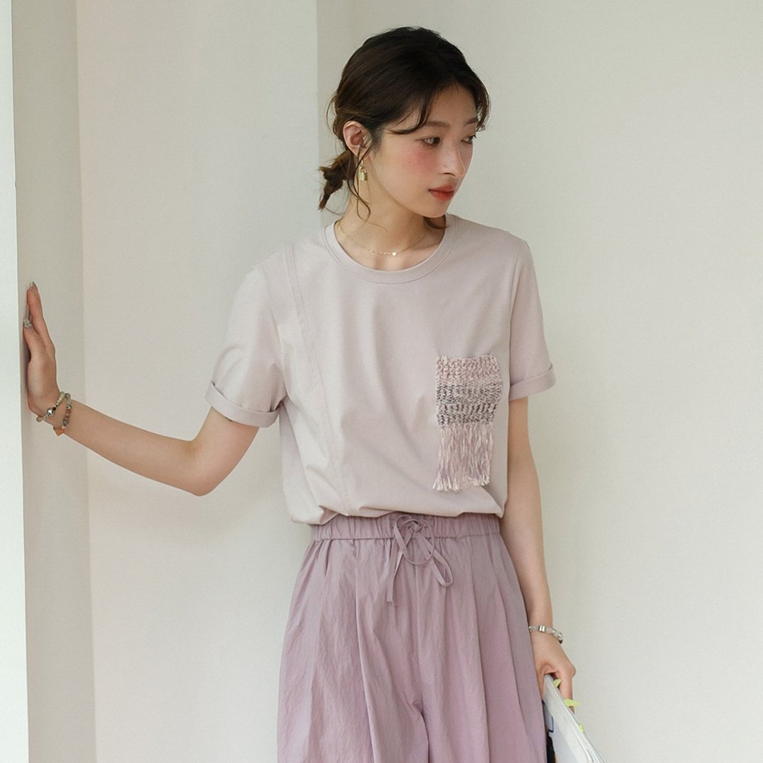 灰紫色针织口袋T恤|T恤|夏款|Sora-1237 - 女装 T 恤 - 棉 